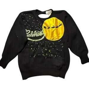 Bonnie Boerer 1980s Celebrate Santa Sleigh Light-Up Musical Sweater Black Small